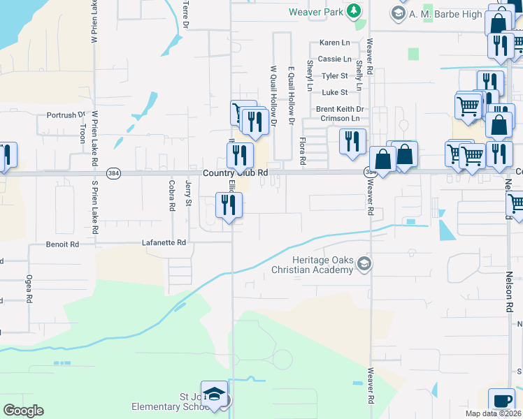 map of restaurants, bars, coffee shops, grocery stores, and more near 2665-2717 Ryan Road in Lake Charles