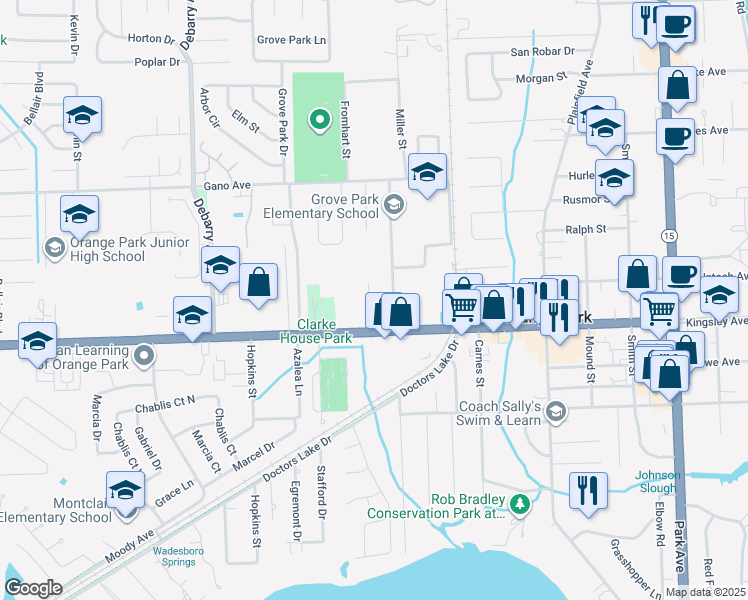 map of restaurants, bars, coffee shops, grocery stores, and more near 1927 Solomon Street in Orange Park