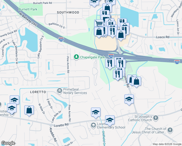 map of restaurants, bars, coffee shops, grocery stores, and more near 3935 Mandarin Woods Drive South in Jacksonville