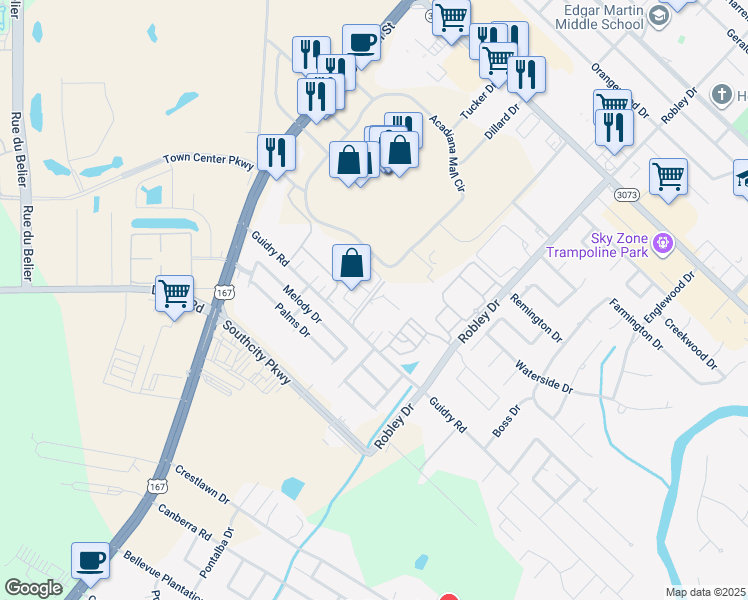 map of restaurants, bars, coffee shops, grocery stores, and more near 329 Guidry Road in Lafayette