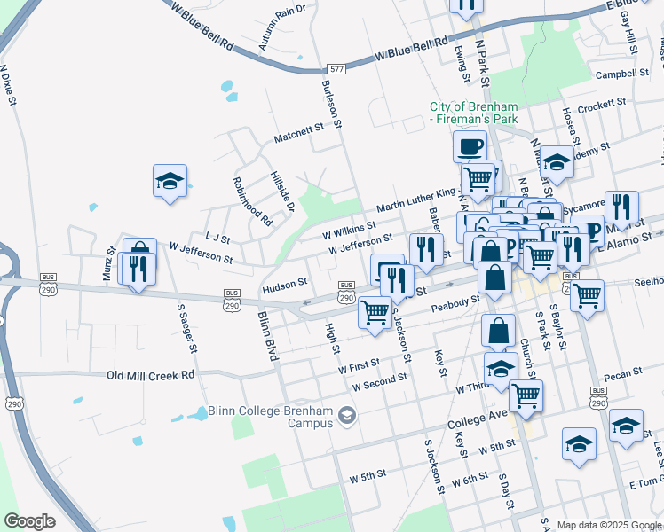 map of restaurants, bars, coffee shops, grocery stores, and more near 202 Lockett Street in Brenham