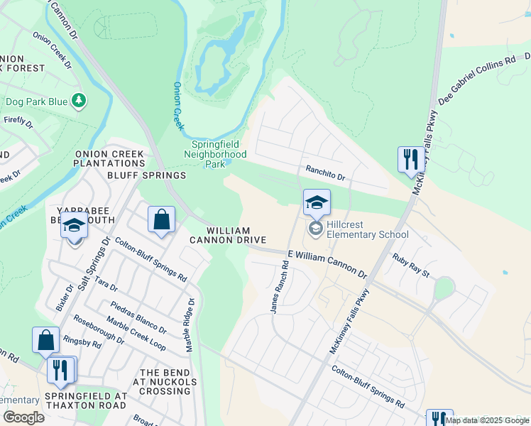 map of restaurants, bars, coffee shops, grocery stores, and more near 7106 Janes Ranch Road in Austin