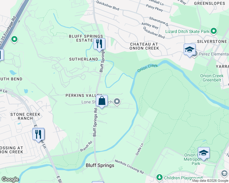 map of restaurants, bars, coffee shops, grocery stores, and more near 8407 Bluff Springs Road in Austin
