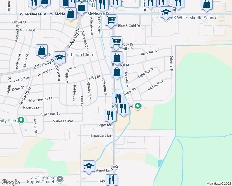 map of restaurants, bars, coffee shops, grocery stores, and more near 601-649 Esplanade St in Lake Charles