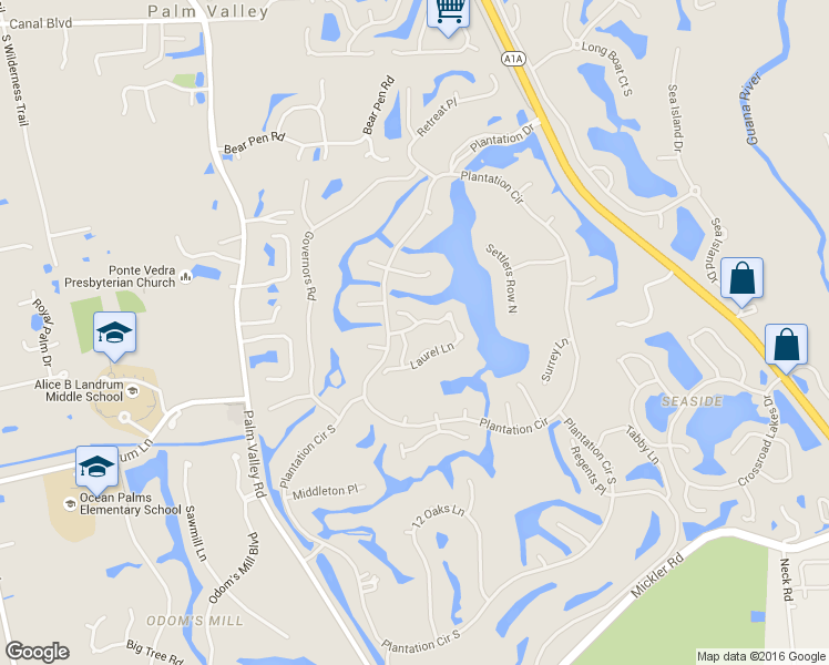 map of restaurants, bars, coffee shops, grocery stores, and more near 109 Laurel Ln in Palm Valley