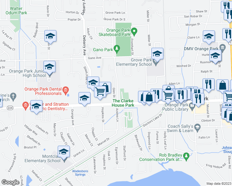 map of restaurants, bars, coffee shops, grocery stores, and more near 1905 Grove Park Drive in Orange Park