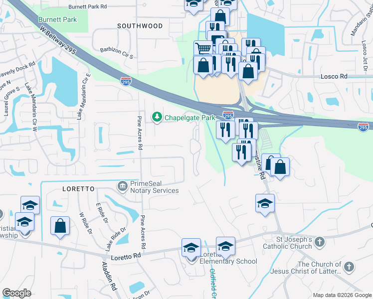 map of restaurants, bars, coffee shops, grocery stores, and more near 3935 Mandarin Woods Drive South in Jacksonville