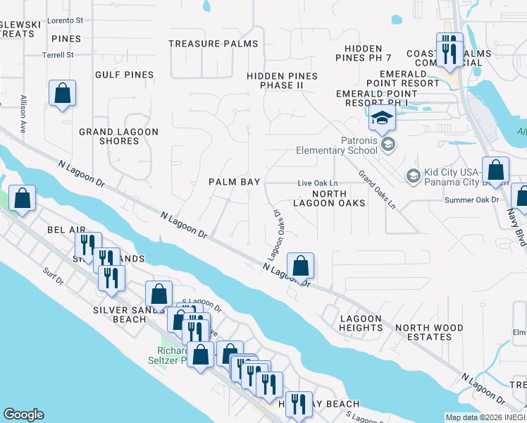 map of restaurants, bars, coffee shops, grocery stores, and more near 118 Oak Ridge Place in Panama City Beach