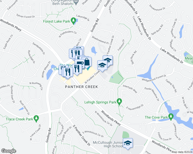 map of restaurants, bars, coffee shops, grocery stores, and more near 4880 West Panther Creek Drive in The Woodlands