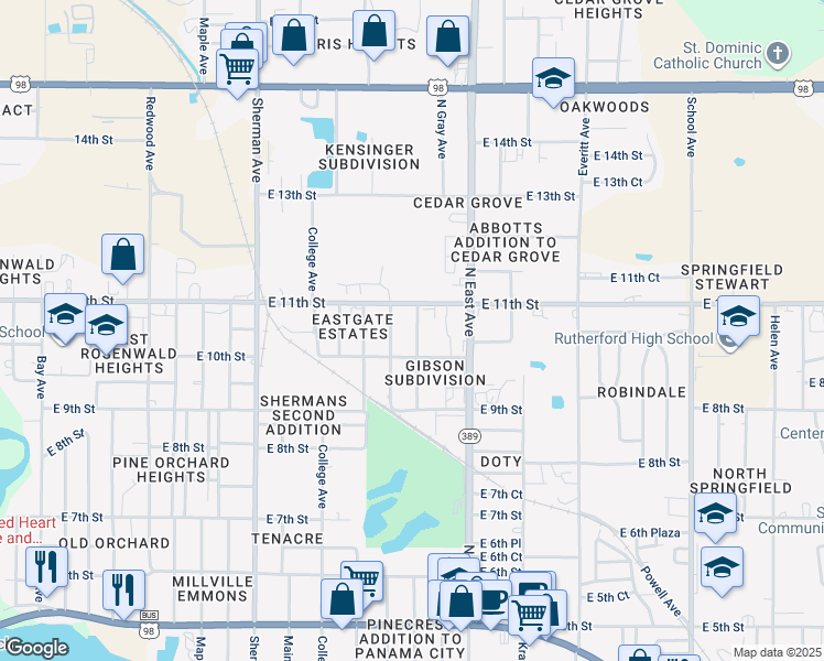 map of restaurants, bars, coffee shops, grocery stores, and more near 1013 North Church Avenue in Panama City