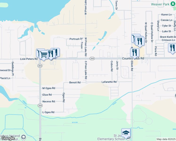 map of restaurants, bars, coffee shops, grocery stores, and more near 4997 South Prien Lake Road in Lake Charles
