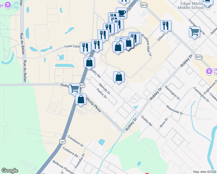 map of restaurants, bars, coffee shops, grocery stores, and more near 305 Melody Drive in Lafayette