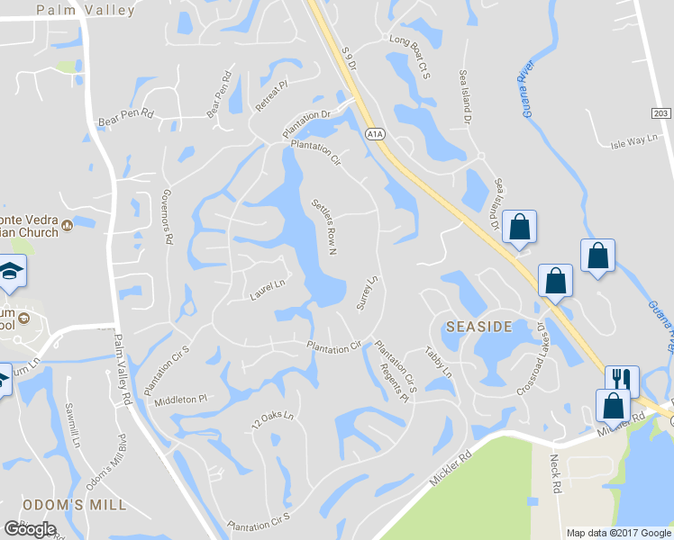 map of restaurants, bars, coffee shops, grocery stores, and more near 220 Settlers Row North in Ponte Vedra Beach