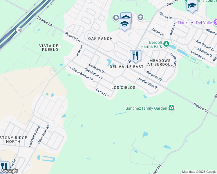 map of restaurants, bars, coffee shops, grocery stores, and more near 12717 Paloma Blanca Way in Del Valle