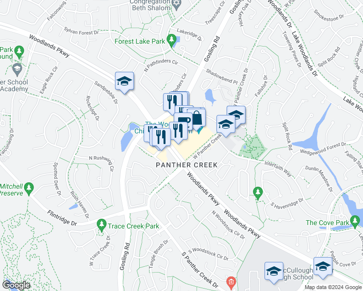 map of restaurants, bars, coffee shops, grocery stores, and more near 4600 Woodlands Parkway in Spring