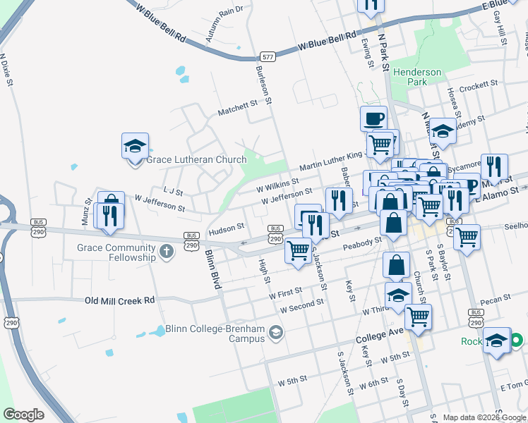 map of restaurants, bars, coffee shops, grocery stores, and more near 801 West Jefferson Street in Brenham