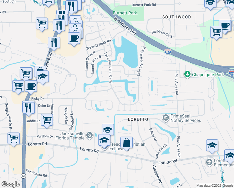 map of restaurants, bars, coffee shops, grocery stores, and more near 3417 Regatta Way in Jacksonville