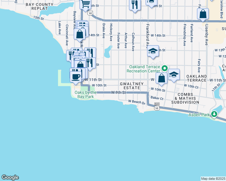 map of restaurants, bars, coffee shops, grocery stores, and more near 2500 West 9th Street in Panama City