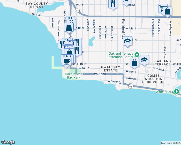 map of restaurants, bars, coffee shops, grocery stores, and more near 2538 West 9th Street in Panama City