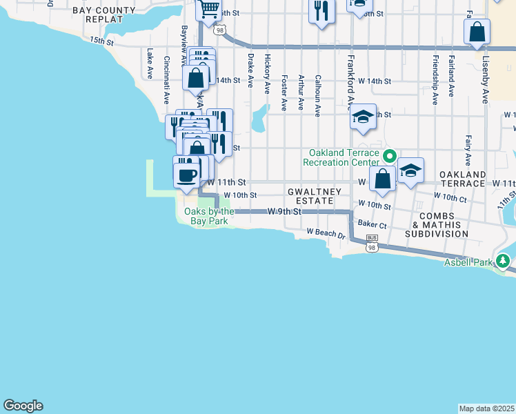 map of restaurants, bars, coffee shops, grocery stores, and more near 2538 West 9th Street in Panama City