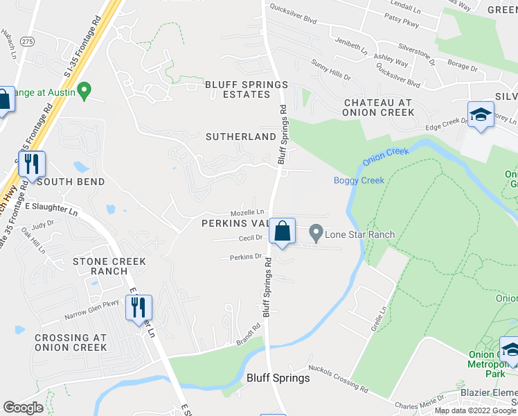 map of restaurants, bars, coffee shops, grocery stores, and more near 2502 Mozelle Lane in Austin