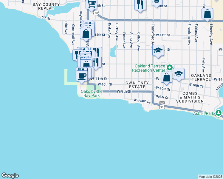 map of restaurants, bars, coffee shops, grocery stores, and more near 2538 West 9th Street in Panama City
