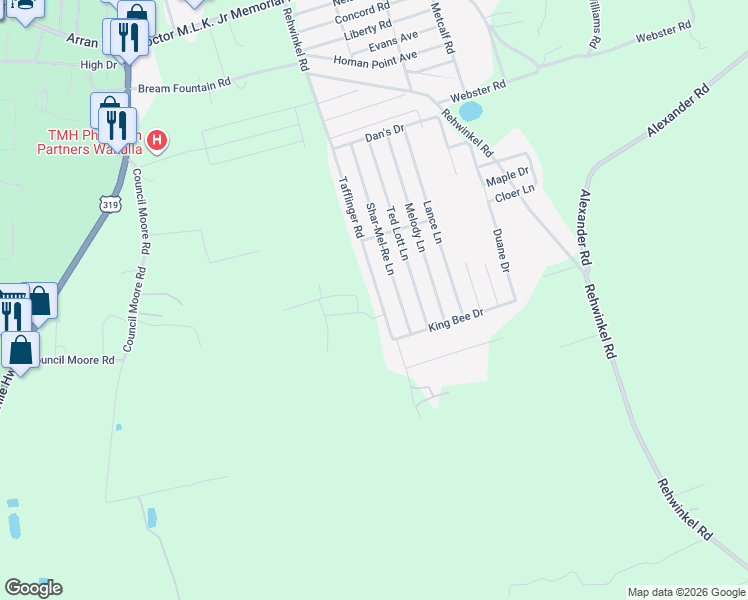 map of restaurants, bars, coffee shops, grocery stores, and more near 218 Tafflinger Road in Crawfordville