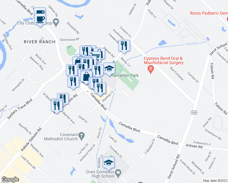 map of restaurants, bars, coffee shops, grocery stores, and more near 203 Long Plantation Boulevard in Lafayette