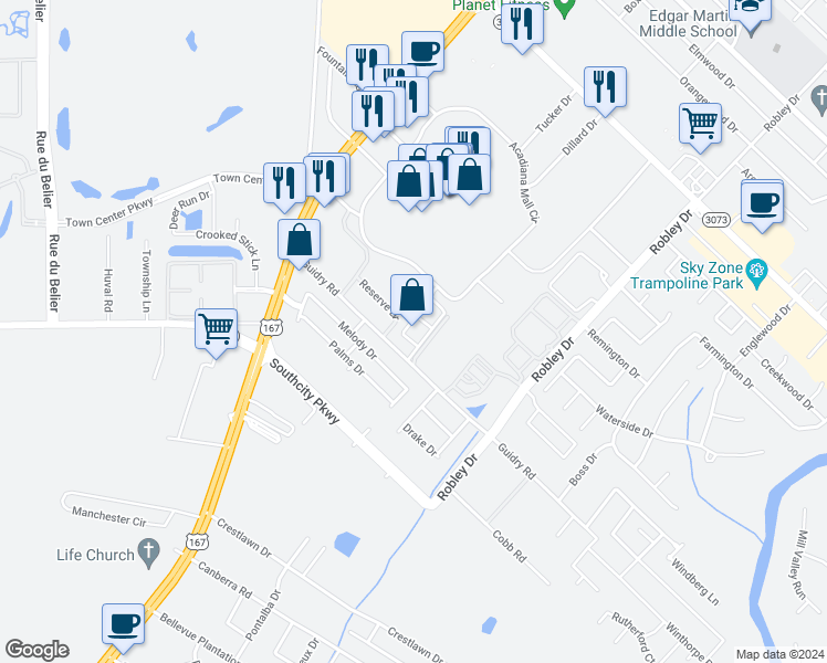 map of restaurants, bars, coffee shops, grocery stores, and more near 501 Acadiana Mall Circle in Lafayette