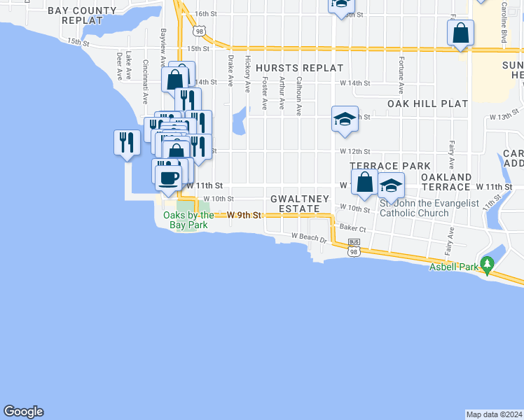 map of restaurants, bars, coffee shops, grocery stores, and more near 2500 West 9th Street in Panama City