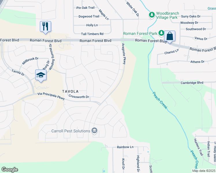 map of restaurants, bars, coffee shops, grocery stores, and more near Crossworth Drive in New Caney