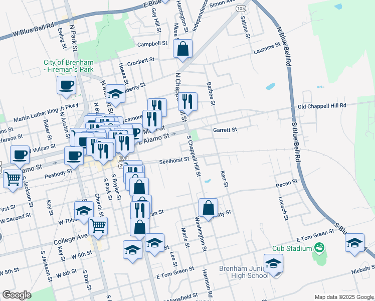 map of restaurants, bars, coffee shops, grocery stores, and more near 602 Creamery Street in Brenham