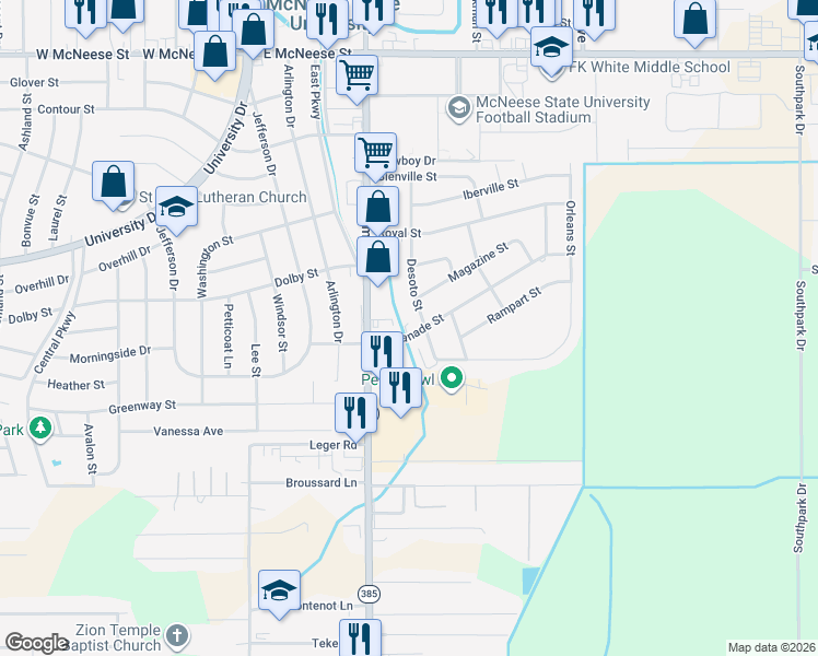 map of restaurants, bars, coffee shops, grocery stores, and more near 649 Esplanade Street in Lake Charles