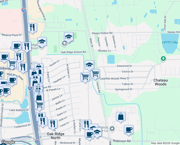 map of restaurants, bars, coffee shops, grocery stores, and more near 27370 Oak Ridge School Road in Oak Ridge North
