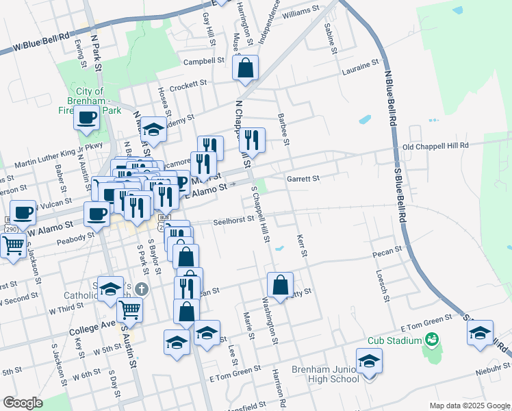 map of restaurants, bars, coffee shops, grocery stores, and more near 602 Creamery Street in Brenham