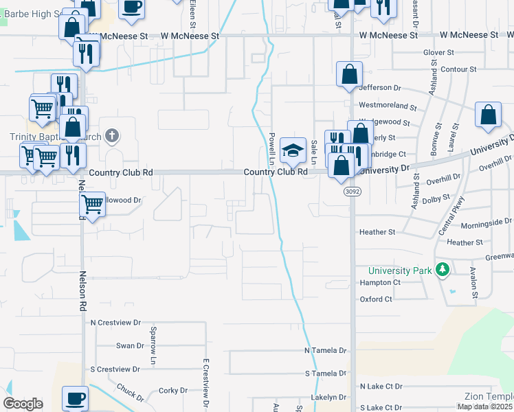 map of restaurants, bars, coffee shops, grocery stores, and more near 1225 Country Club Road in Lake Charles