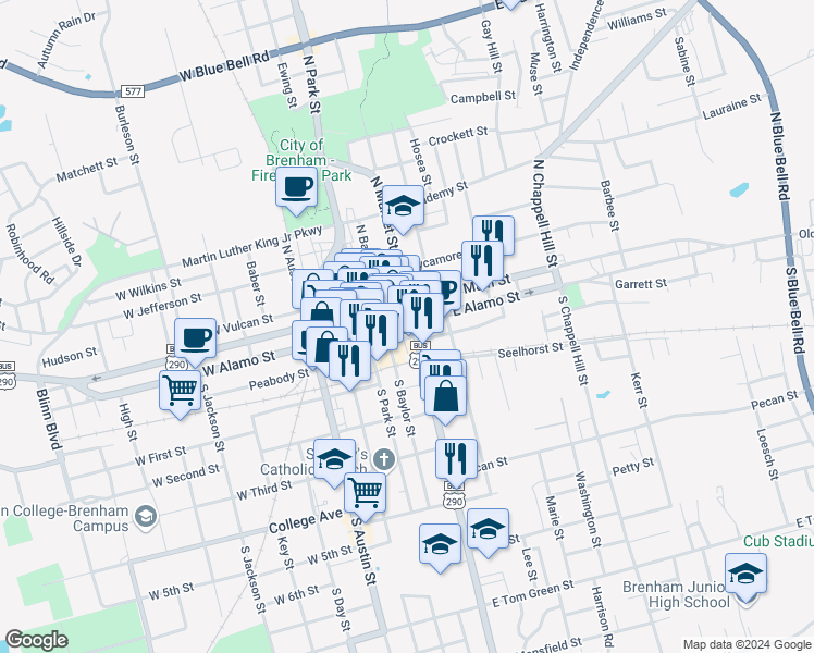 map of restaurants, bars, coffee shops, grocery stores, and more near 210 South Market Street in Brenham
