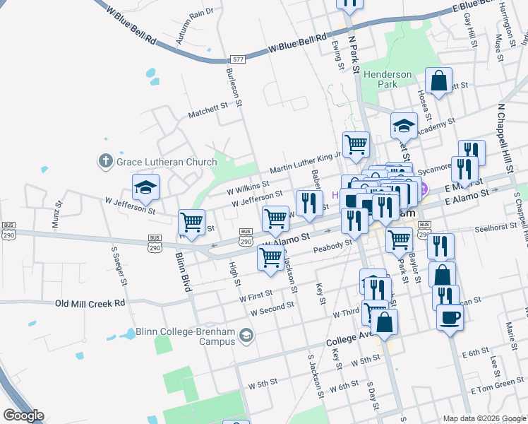 map of restaurants, bars, coffee shops, grocery stores, and more near 530 West Main Street in Brenham