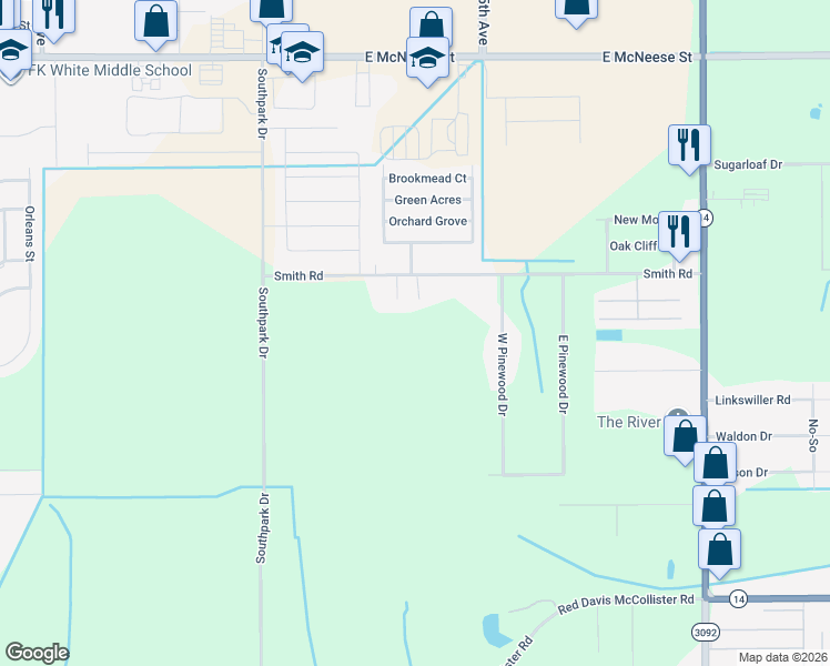map of restaurants, bars, coffee shops, grocery stores, and more near 2052 Smith Road in Lake Charles
