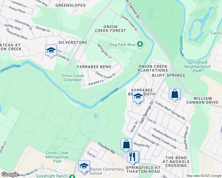 map of restaurants, bars, coffee shops, grocery stores, and more near Onion Creek Park in Austin