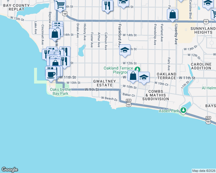 map of restaurants, bars, coffee shops, grocery stores, and more near 2200 U.S. 98 Business in Panama City