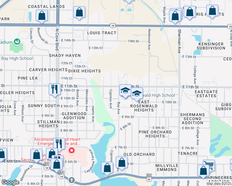 map of restaurants, bars, coffee shops, grocery stores, and more near 1011 Bay Avenue in Panama City