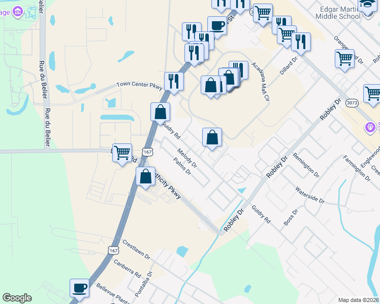 map of restaurants, bars, coffee shops, grocery stores, and more near 305 Melody Drive in Lafayette
