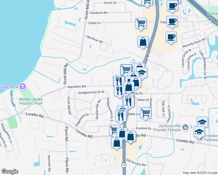 map of restaurants, bars, coffee shops, grocery stores, and more near 11401 Sedgemoore Drive East in Jacksonville
