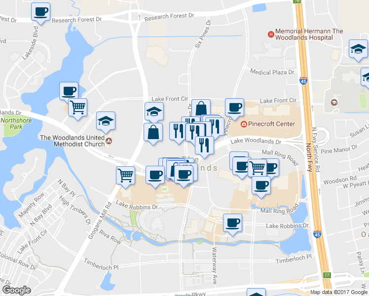 map of restaurants, bars, coffee shops, grocery stores, and more near 10310 Six Pines Drive in Spring