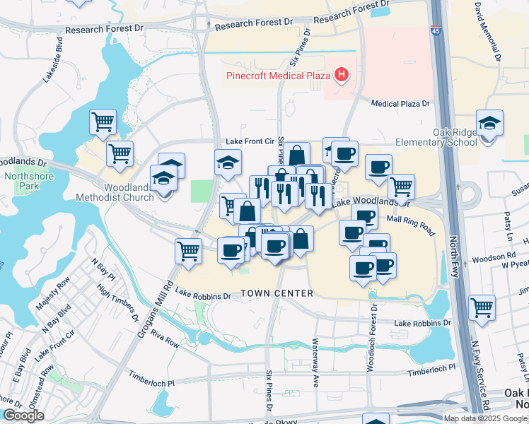 map of restaurants, bars, coffee shops, grocery stores, and more near 9945 Six Pines Drive in The Woodlands