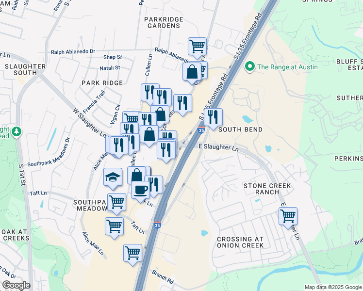 map of restaurants, bars, coffee shops, grocery stores, and more near S IH 35 Frontage Rd & W Slaughter Ln in Austin