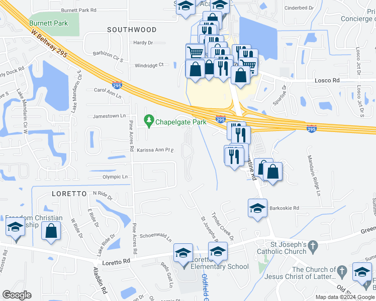 map of restaurants, bars, coffee shops, grocery stores, and more near 3935 Mandarin Woods Drive South in Jacksonville