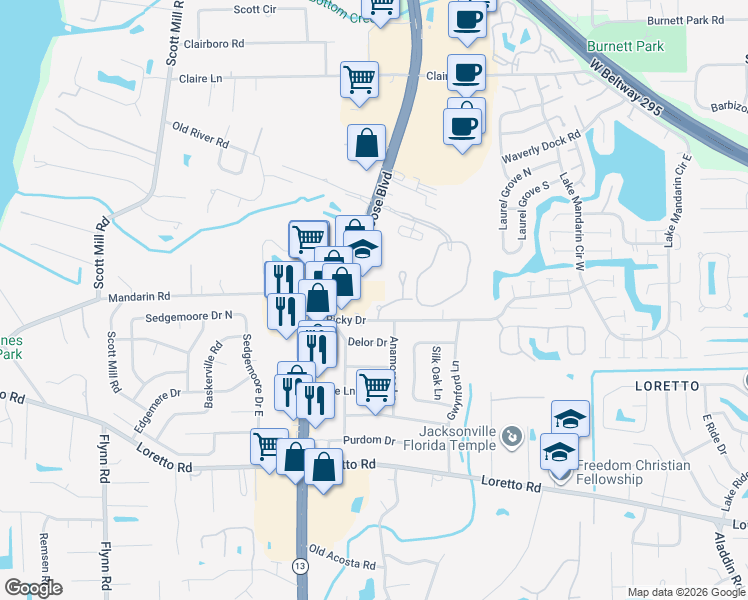 map of restaurants, bars, coffee shops, grocery stores, and more near 3071 Falconer Drive in Jacksonville