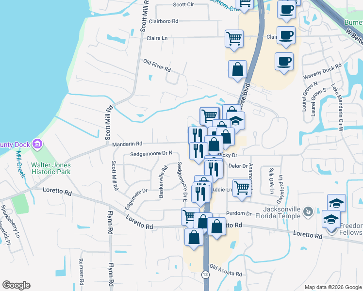 map of restaurants, bars, coffee shops, grocery stores, and more near 11401 Sedgemoore Drive East in Jacksonville